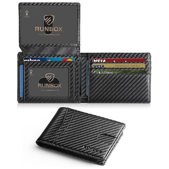 Wallet for Men Slim Rfid Leather 2 ID Window With Gift Box Carbon Black-15 slots